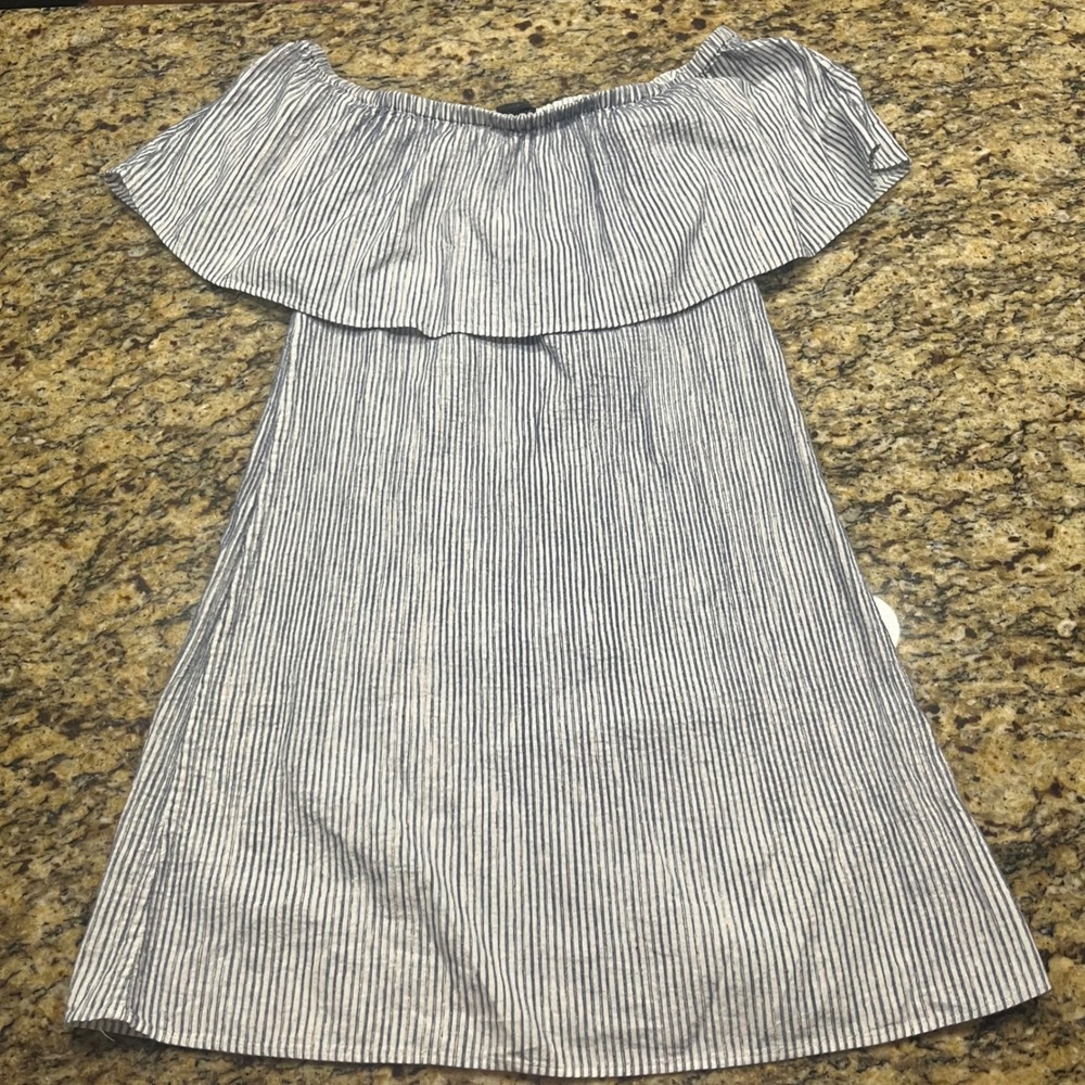 J.Crew Blue White Striped Off The Shoulder Ruffle Mini‎ Dress Seersucker Medium